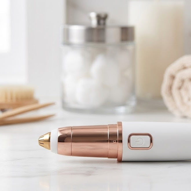 Purelia eyebrow trimmer on a marble bathroom counter with cotton pads and a rolled towel