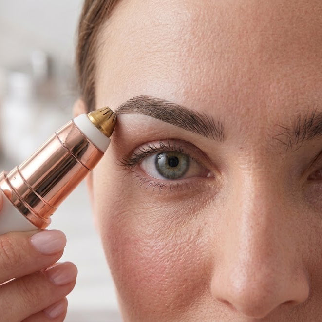 Woman using Purelia to trim eyebrow hair, close-up in-use shot