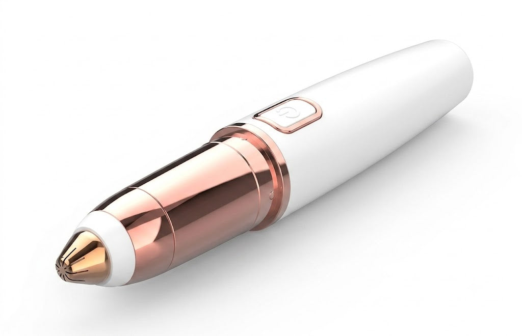 Purelia eyebrow trimmer in white and rose gold, precision head uncapped